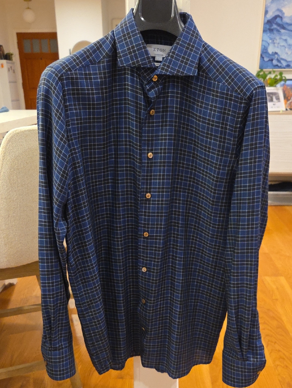 Eton Men's 100% MERINO WOOL Navy and Blue Plaid Contemporary Fit Shirt (L/16.5)